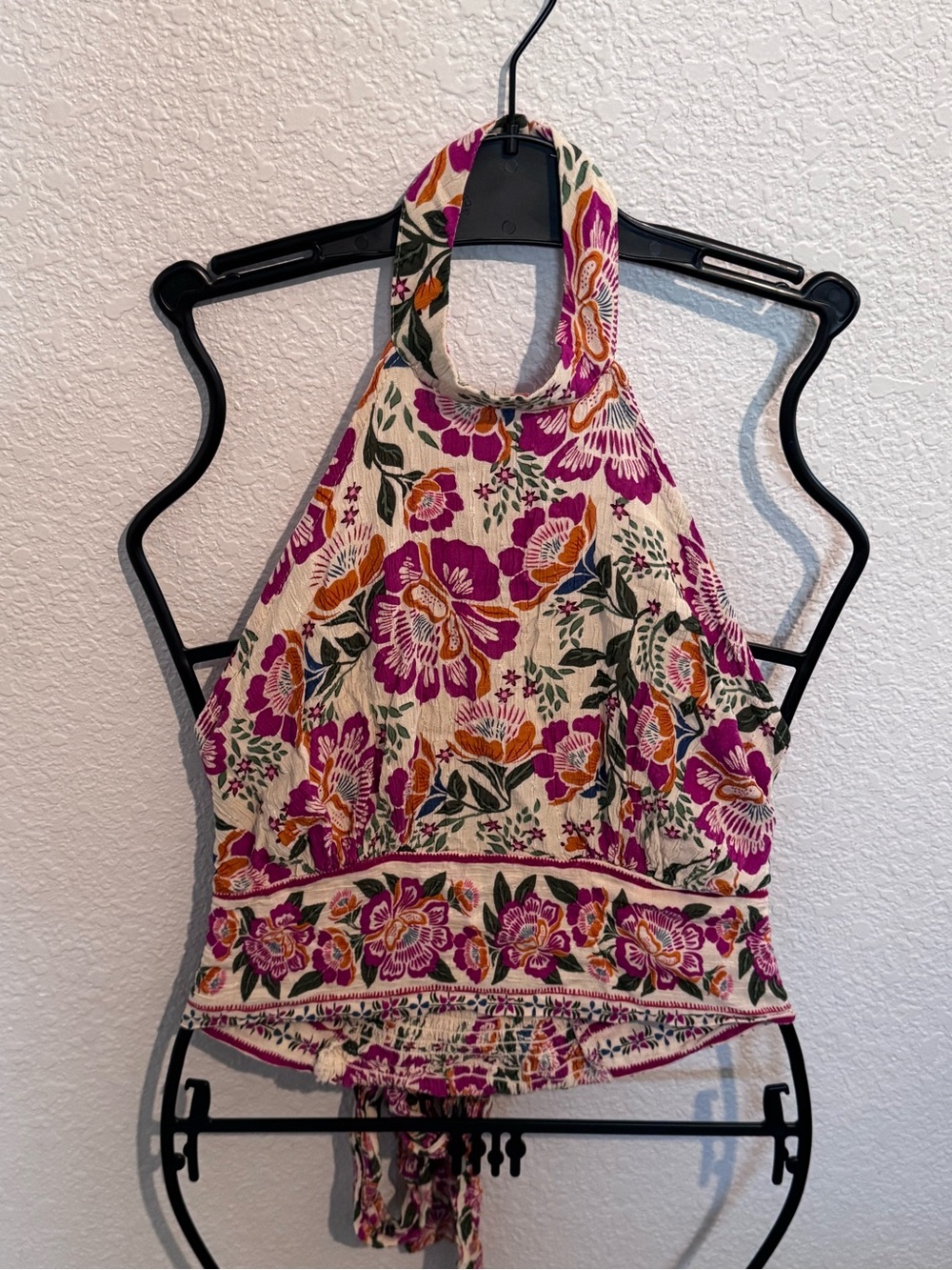 Nicole Miller Cream Floral Tie-Back Halter Camisole with Purple & Orange Accents